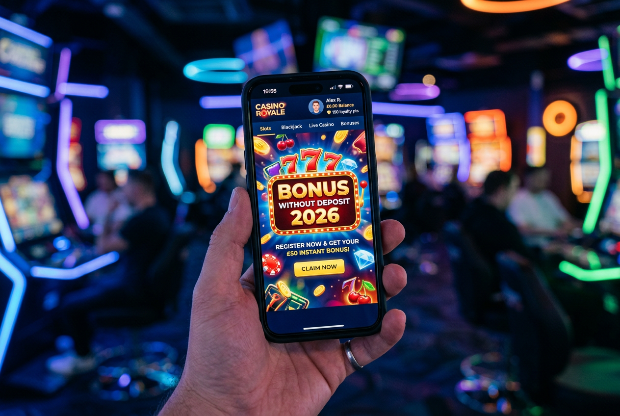A high-tech mobile phone displaying an online casino welcome bonus screen