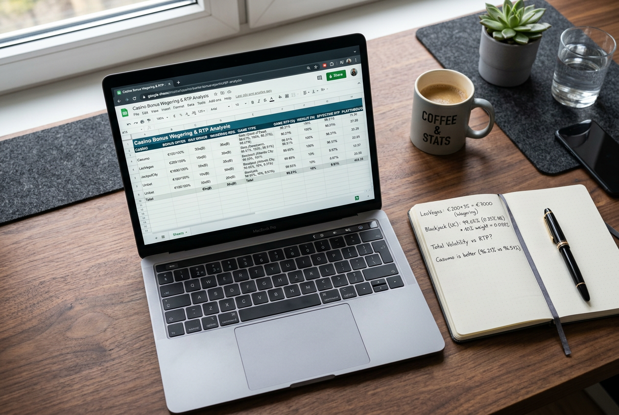 A laptop and notebook with casino data and bonus terms