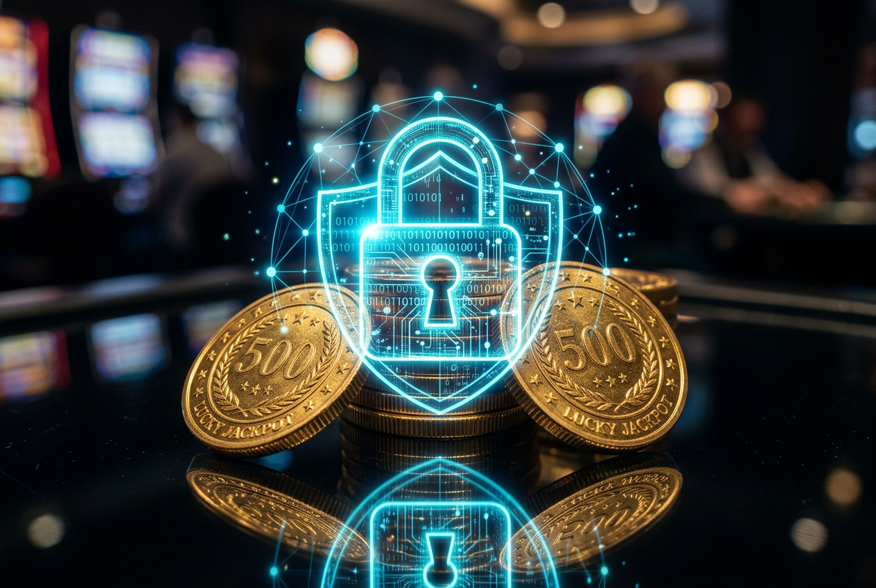 A digital padlock icon superimposed over a stack of golden casino chips