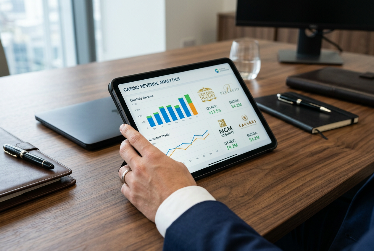 An expert reviewing casino data on a tablet device