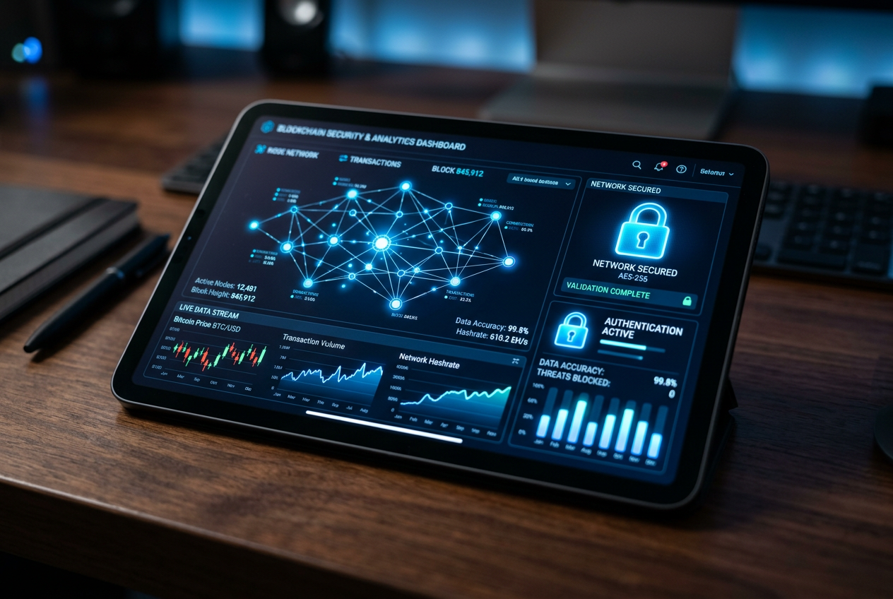 Abstrakcyjna wizualizacja technologii blockchain i bezpieczeństwa danych.