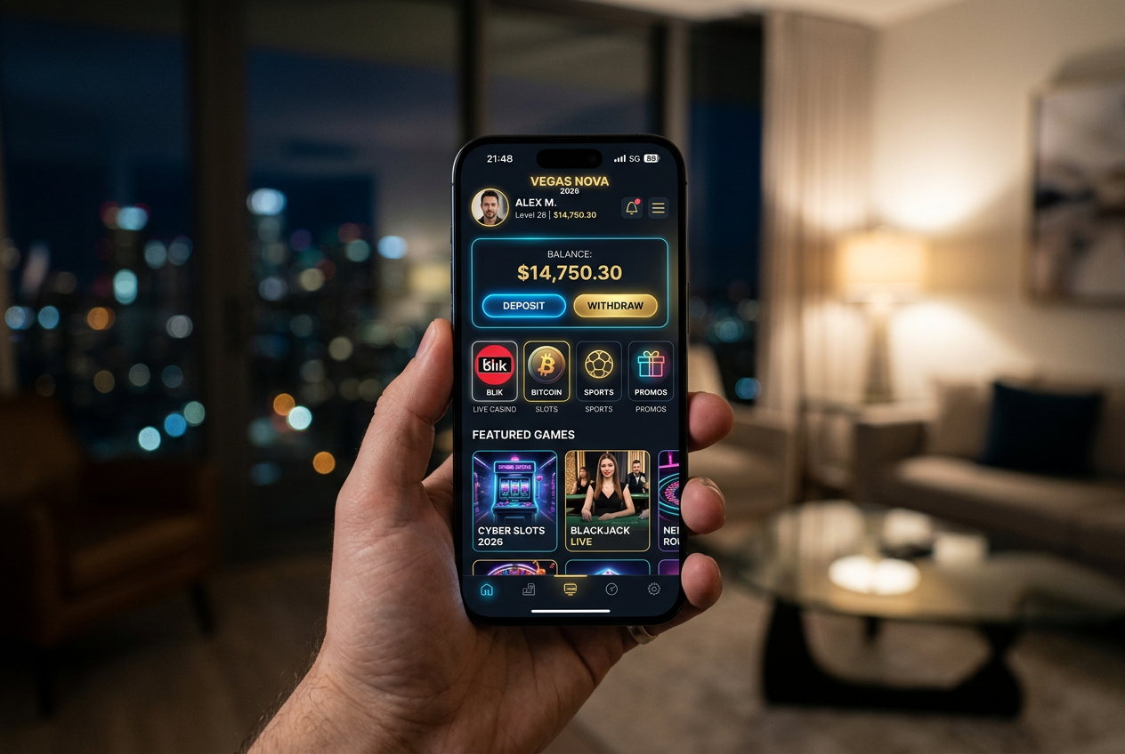 Nowoczesny interfejs kasyna online na smartfonie z ikonami BLIK i kryptowalut.