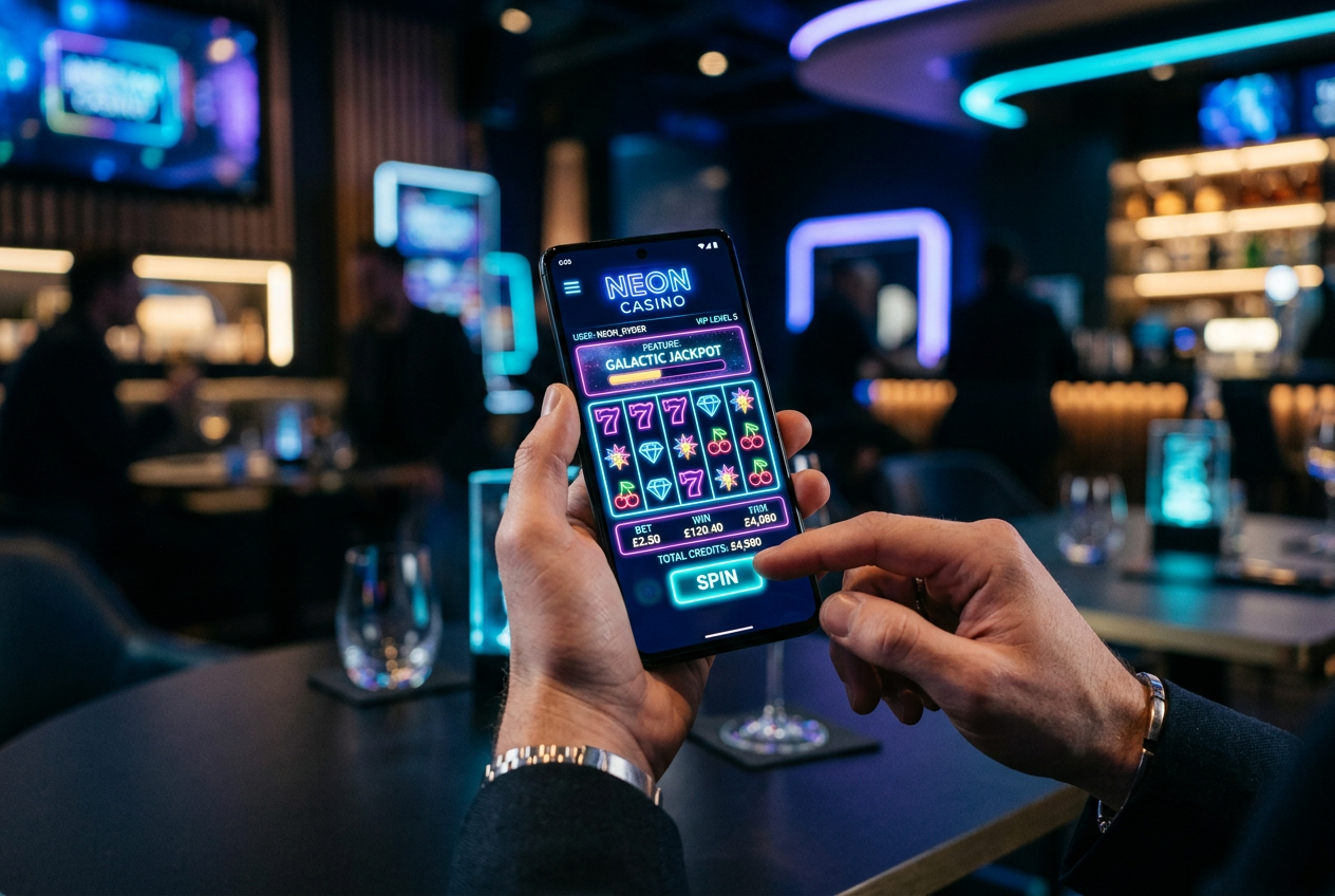 Osoba trzymająca nowoczesny smartfon z interfejsem kasyna online.