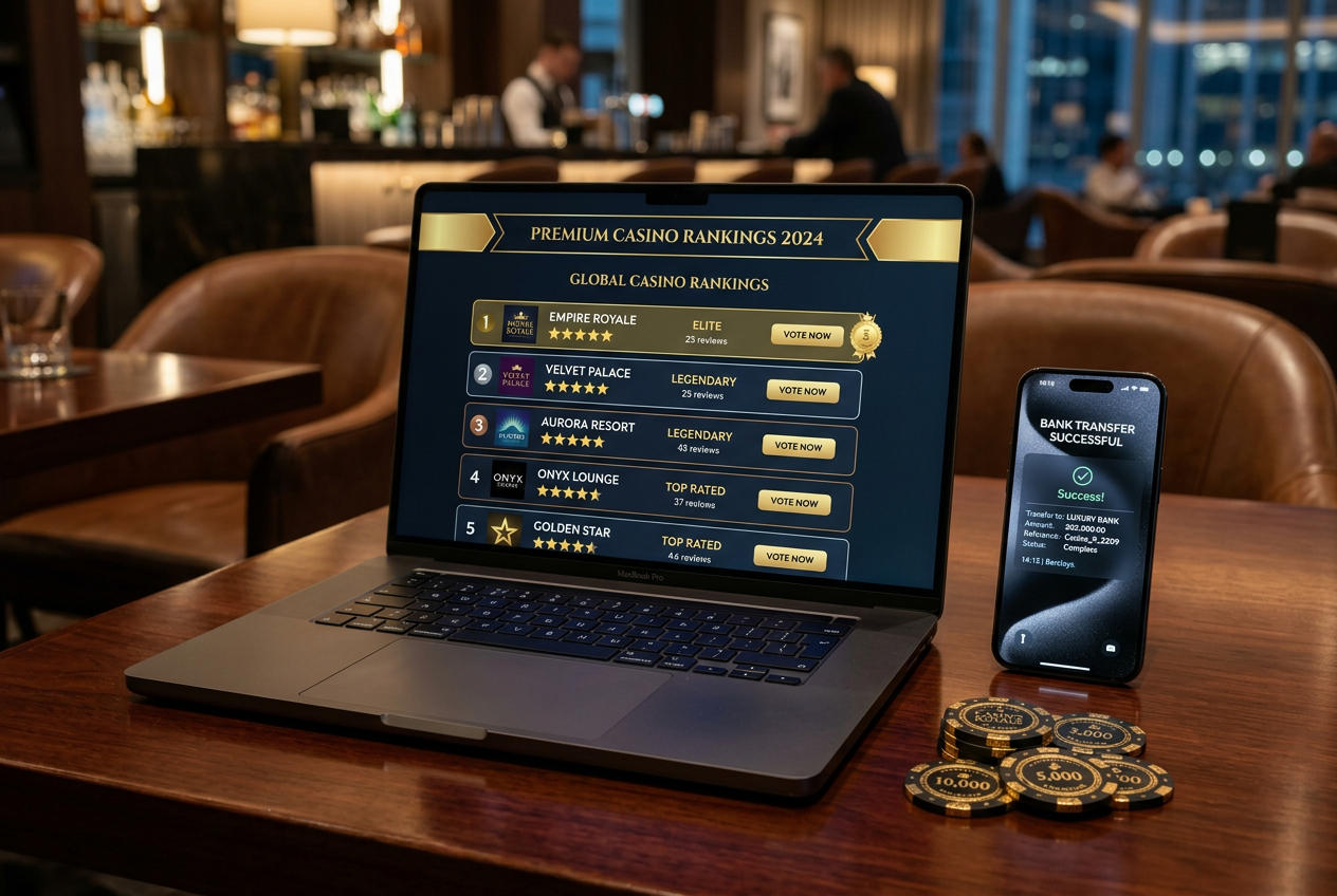 Premium online casino ranking visualization with gold accents.